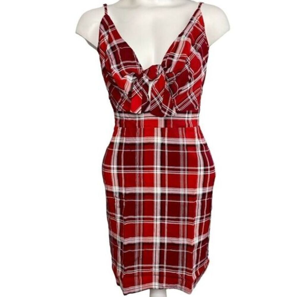 Project 28 Mini Dress Women's LARGE Red White Black Plaid Adjustable Straps NEW